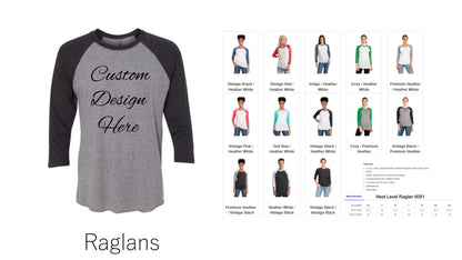 Custom Design Your Raglan, V-Neck Tee or Tank Top